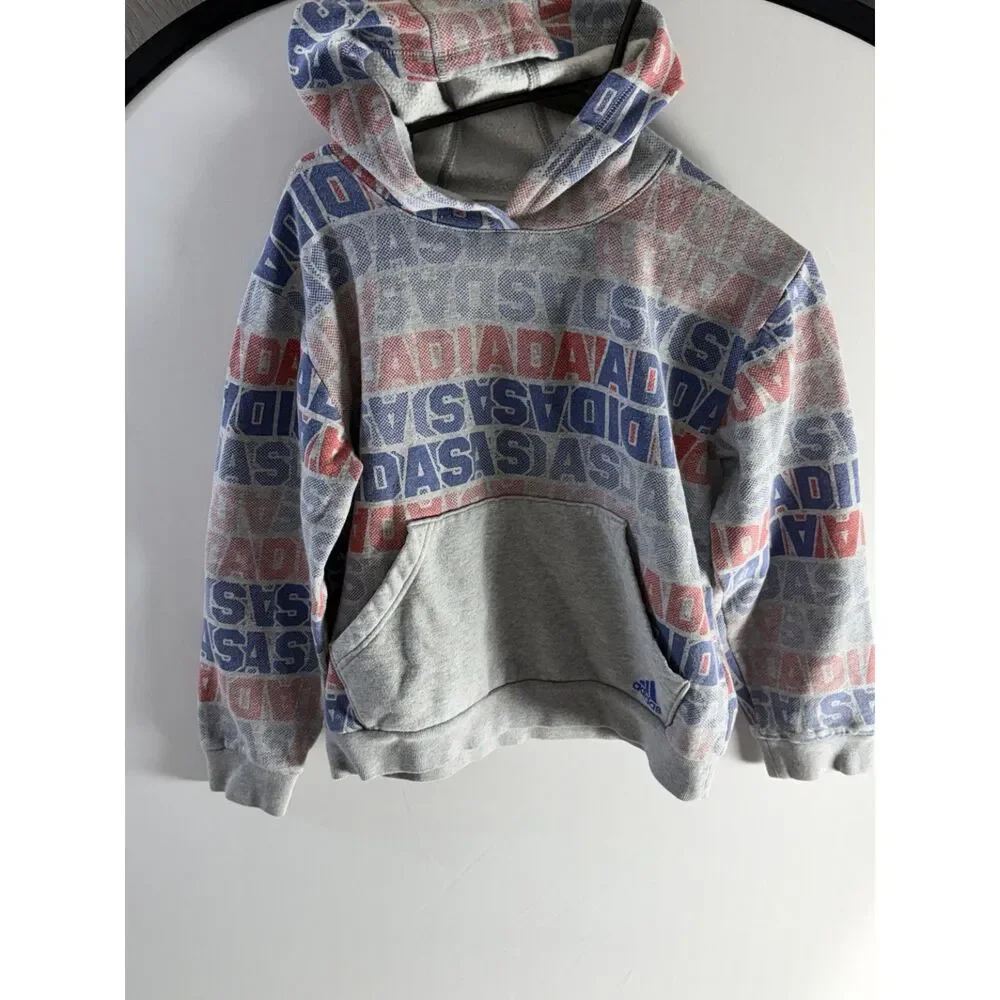 Adidas Youth L 14/16 All Over Logo Hoodie Gray Red Blue Graphic Pullover